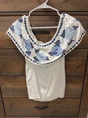 White Off-Shoulder Top with Blue Floral Embroidery